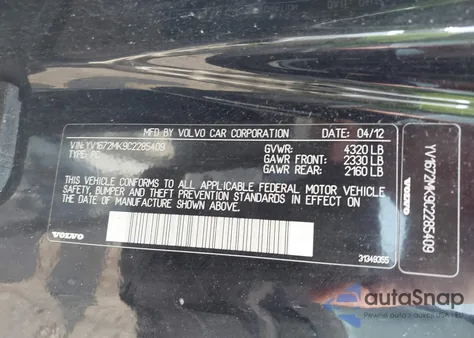 2012 Volvo C30 T5/T5 Platinum/T5 Premier Plus/T5 R-Design/T5 R-Design Platinum/T5 R-Design Premier Plus из США, поврежденный, VIN YV1672MK9C2285409